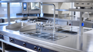 Superficies de acero inoxidable en un ambiente higiénico y de fácil limpieza.
