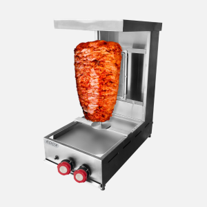 Horno o trompo al pastor en acero inoxidable con comal y quemador infrarrojo.